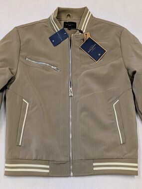 Marc Asher Men's Beige Lightweight Bomber Jacket Full Zip Ribbed Trim NWT Size L